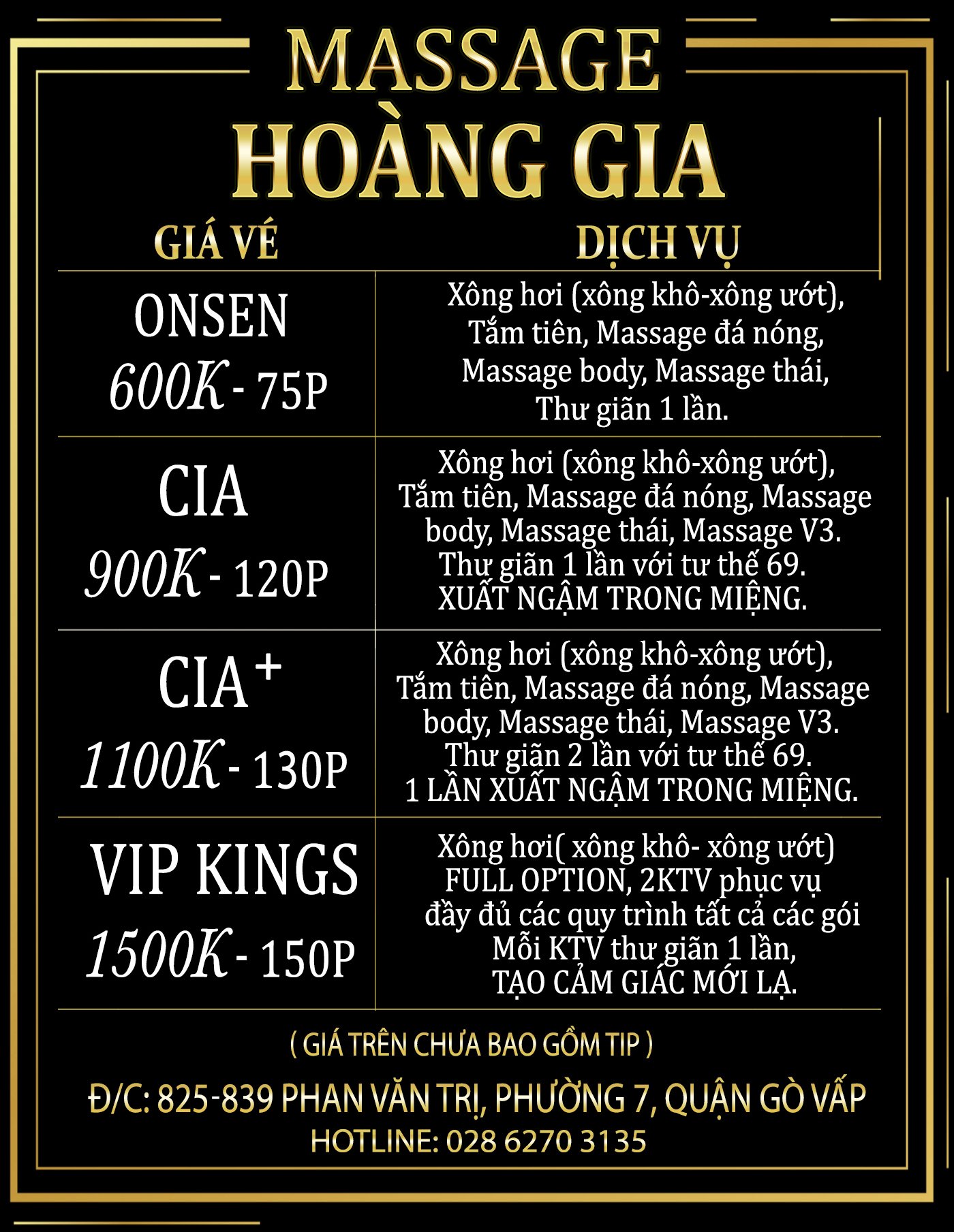 bảng giá vé Hoàng Gia Gò Vấp